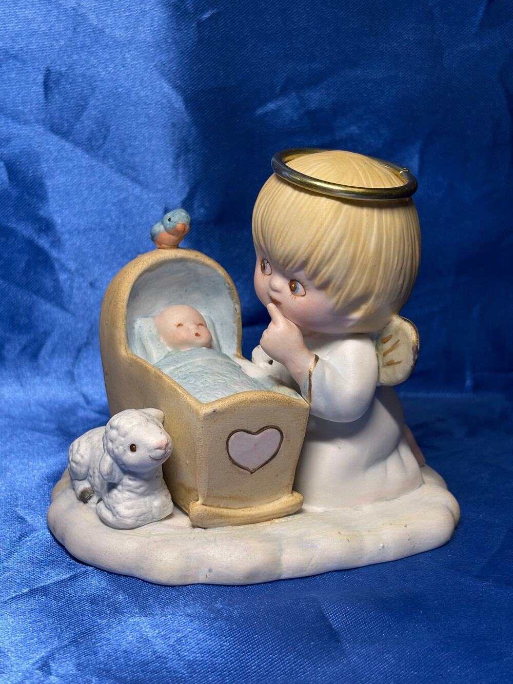Bisque Porcelain Angel with Baby Boy in Cradle A Baby Boy Is A Gift From Above